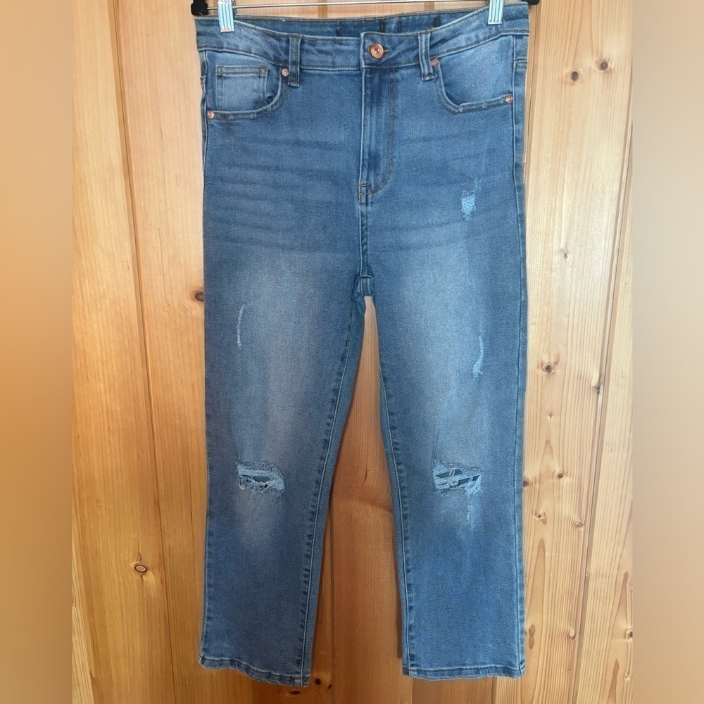 Kendall + Kylie “The Icon” High Rise Straight Jeans- Distressed Acid Wash